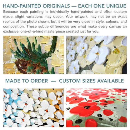 Hand-painted artwork with text about uniqueness, custom sizes, and exclusivity.