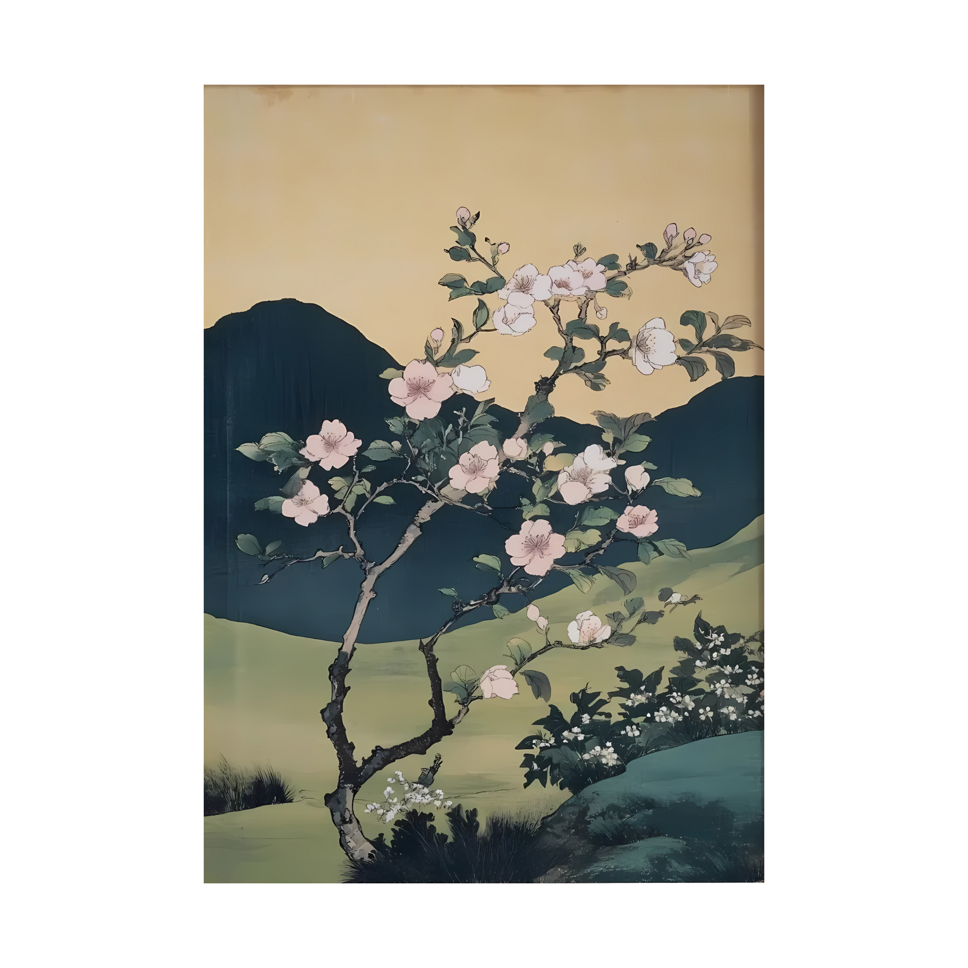 Floral design with cherry blossoms against a mountainous landscape on a beige background
