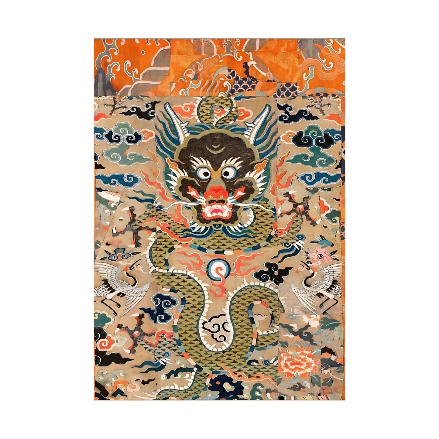 Decorative pillow with a dragon design on an orange and beige background