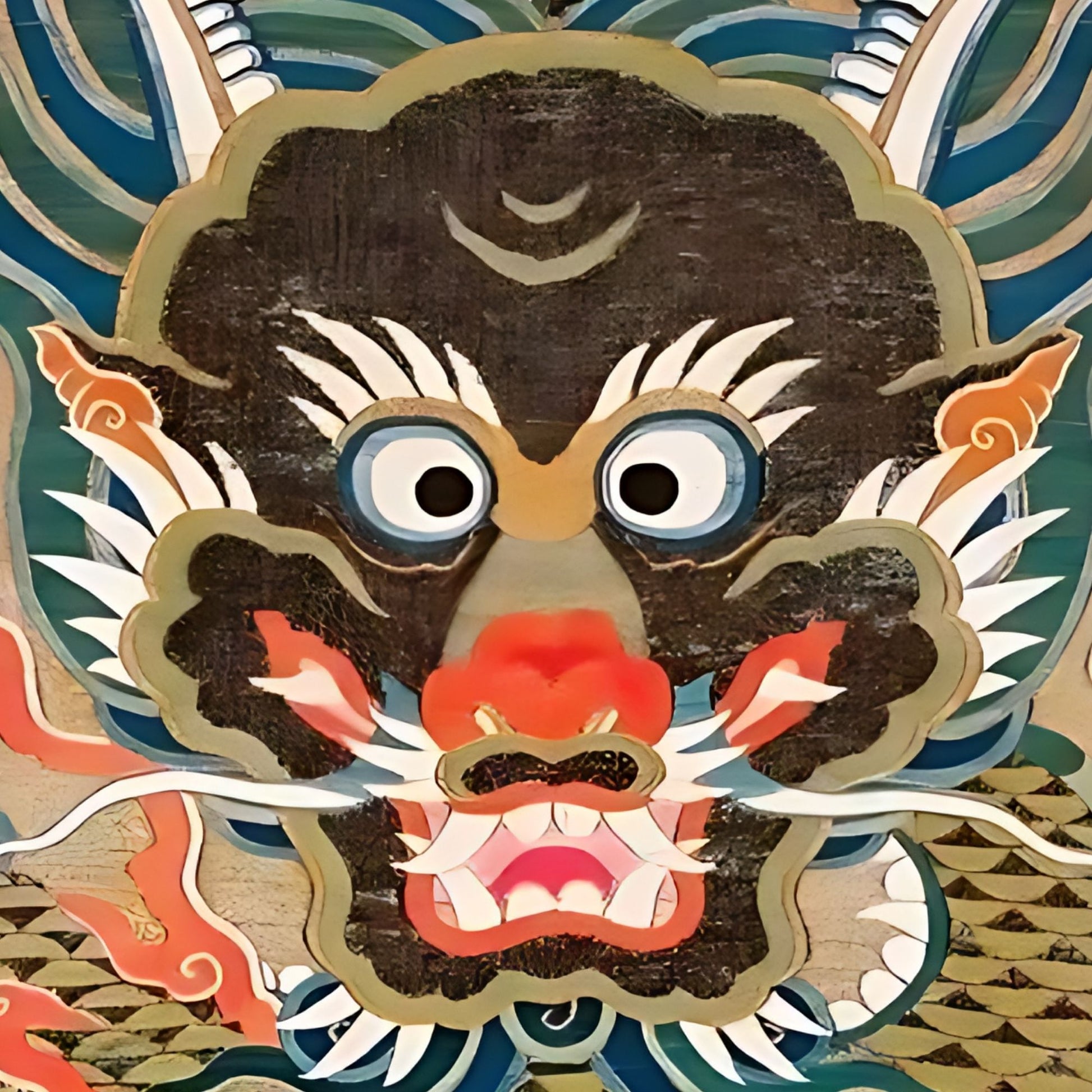 Decorative mask with intricate designs and vibrant colors on a patterned background