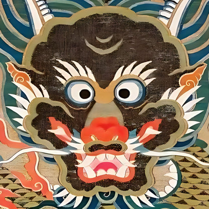 Decorative mask with intricate designs and vibrant colors on a patterned background