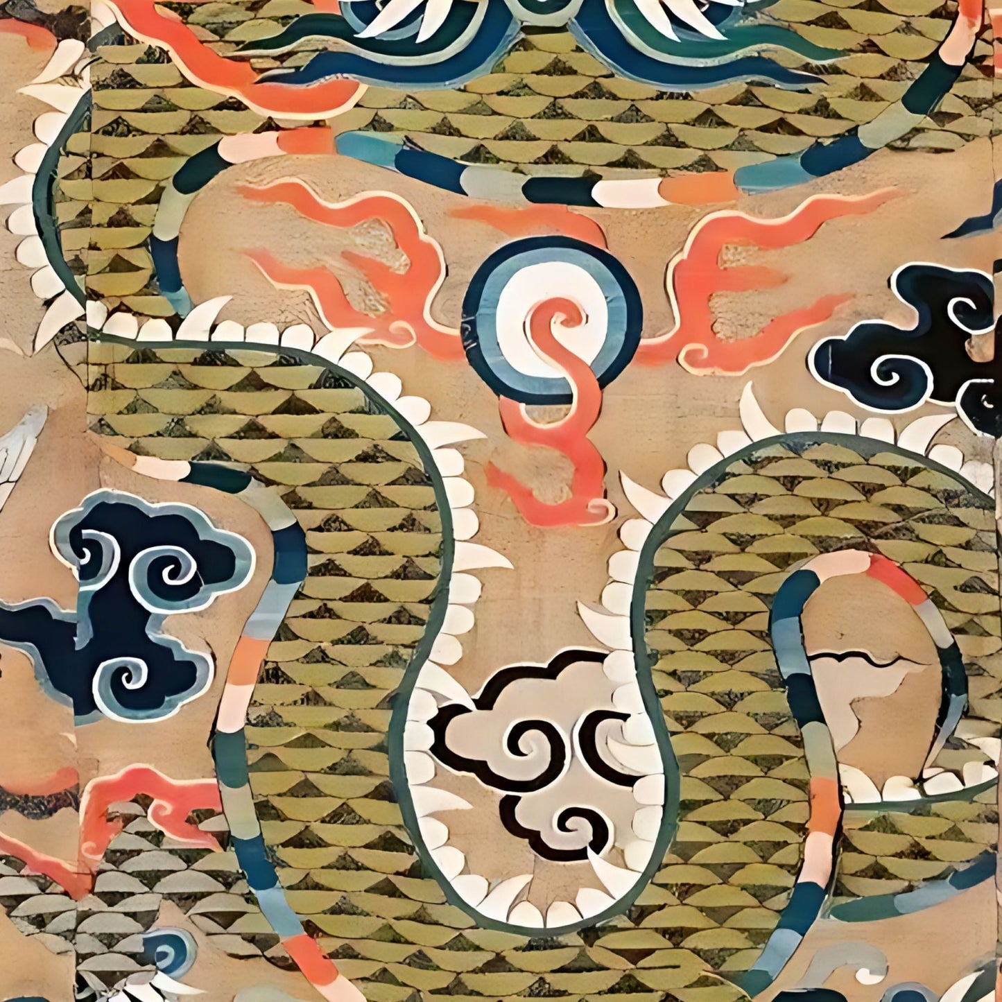 Traditional Japanese artwork with intricate patterns and characters on a textured background