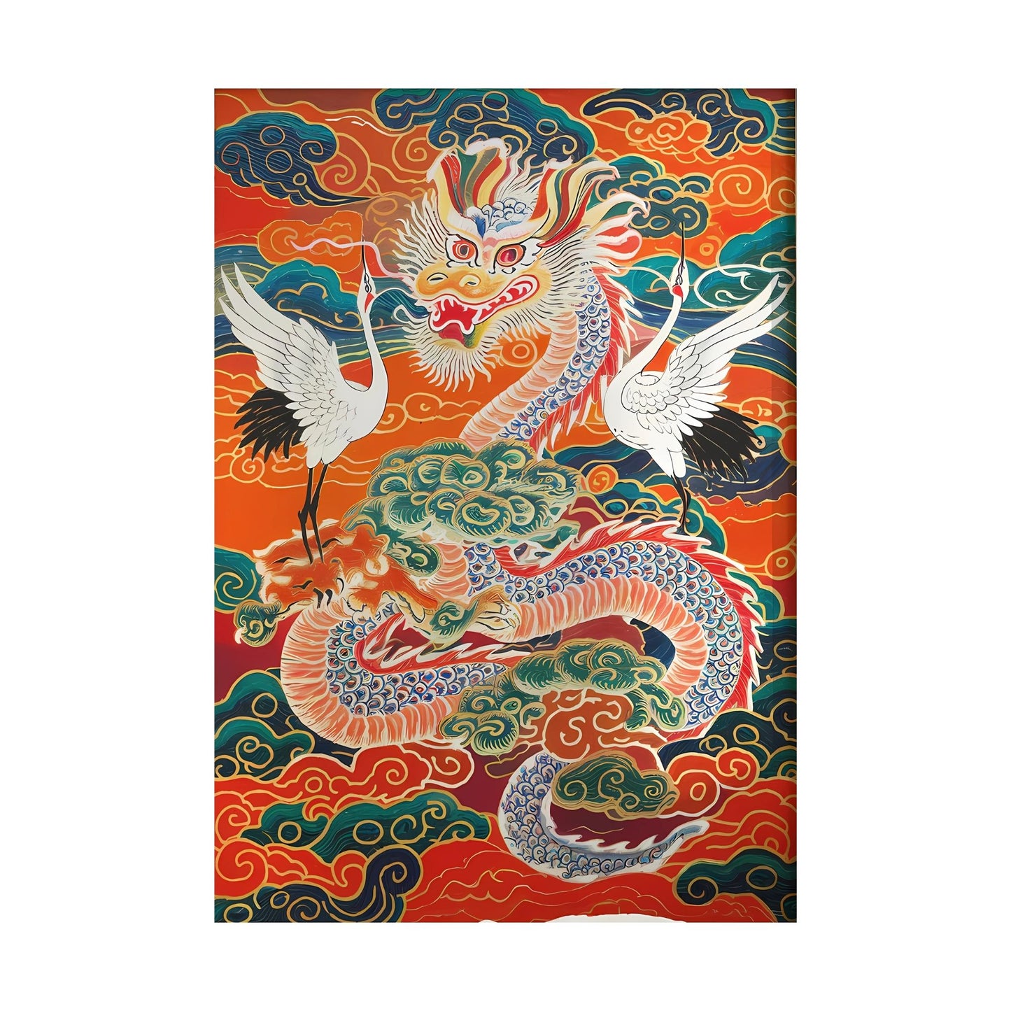 Colorful dragon and crane design on a red background