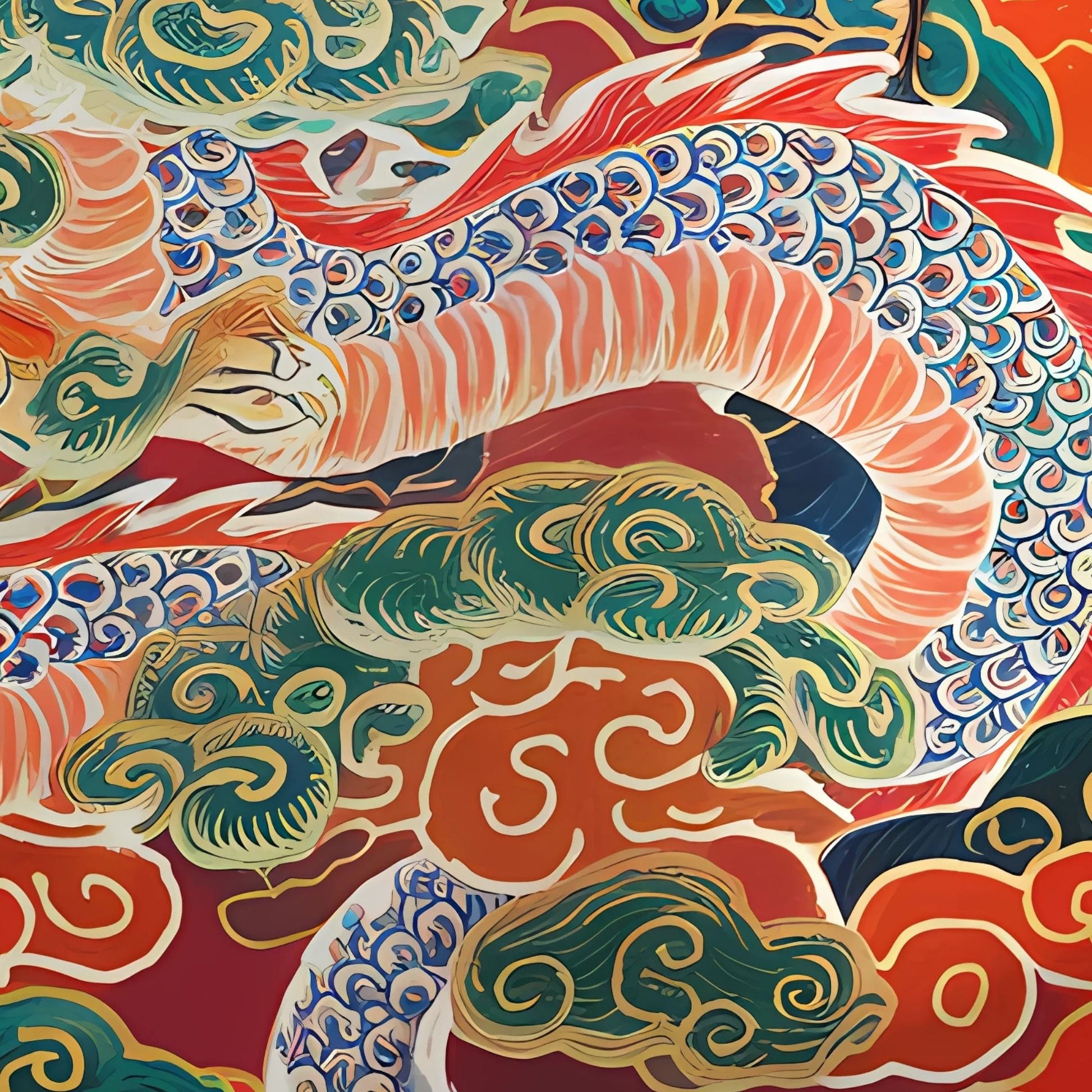 Colorful dragon design with intricate patterns on a red background