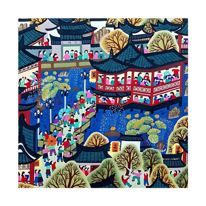 Colorful illustration of a traditional Japanese scene with people and buildings.