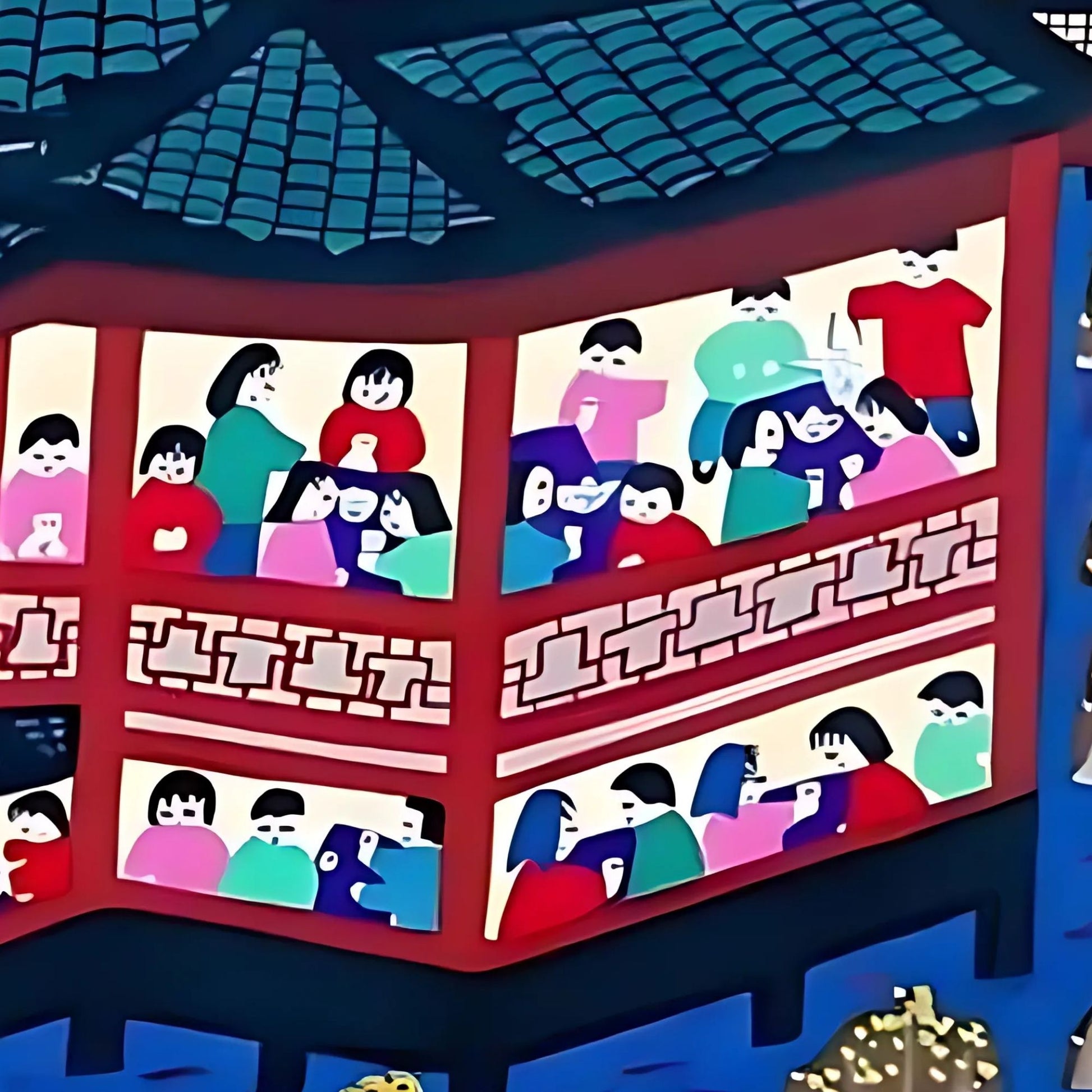 Illustration of a traditional building with characters on windows