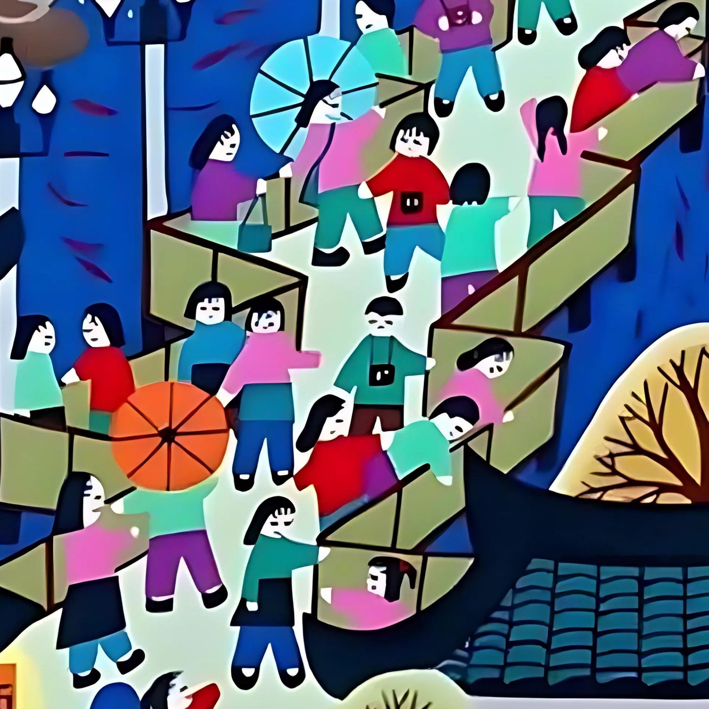 Colorful illustration of people on a bridge with a scenic background