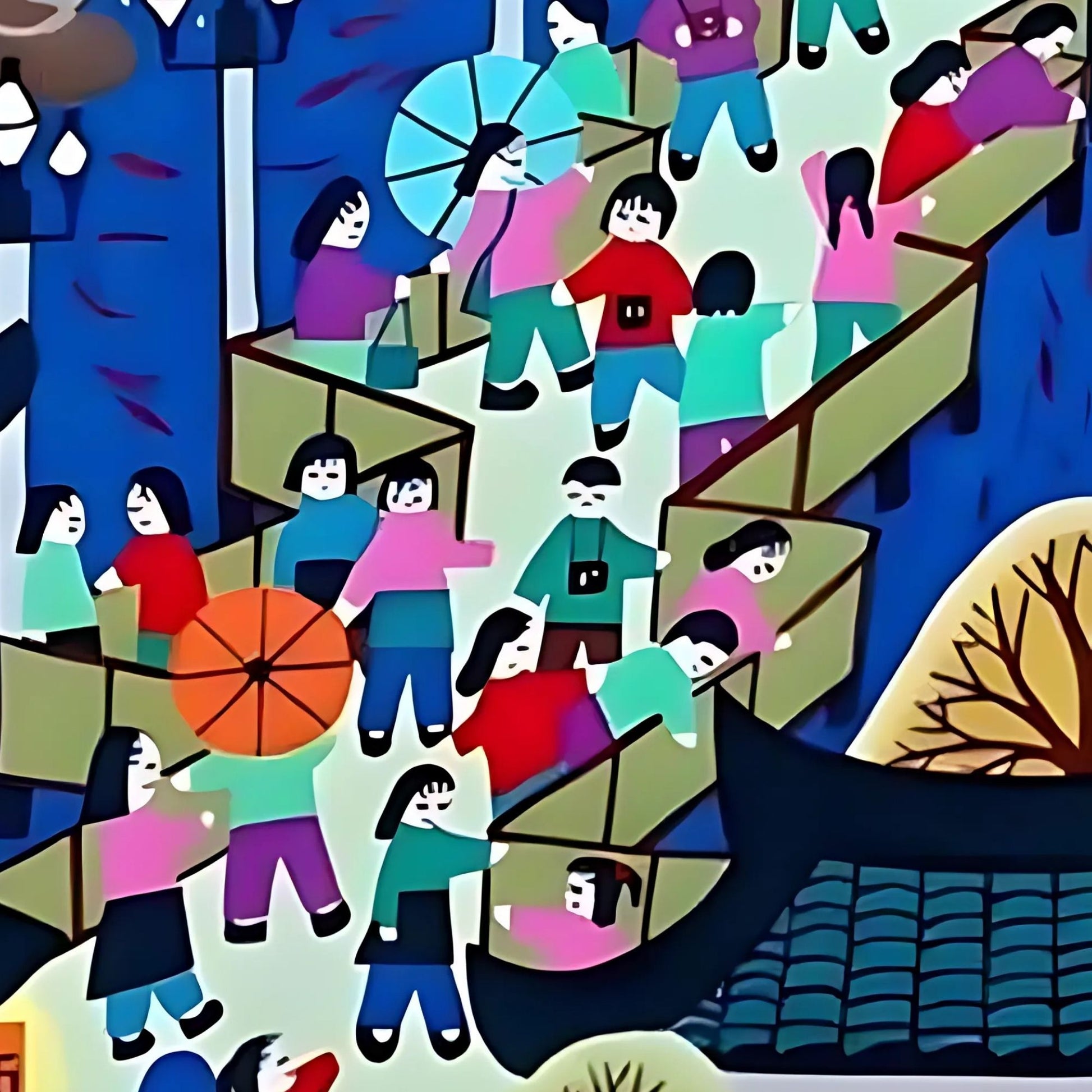 Colorful illustration of people on a bridge with a scenic background