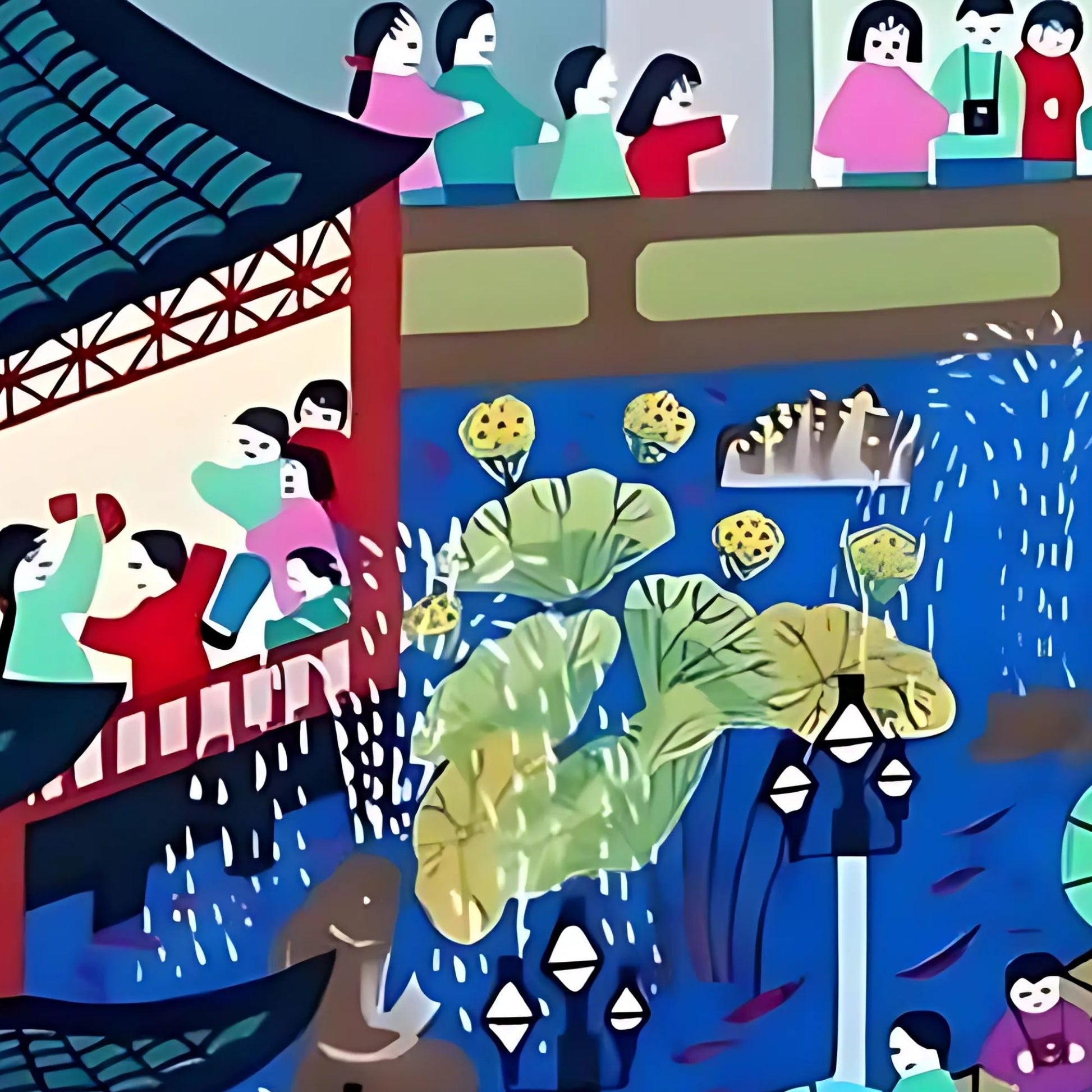 Colorful illustration of a traditional building with people and lotus flowers.