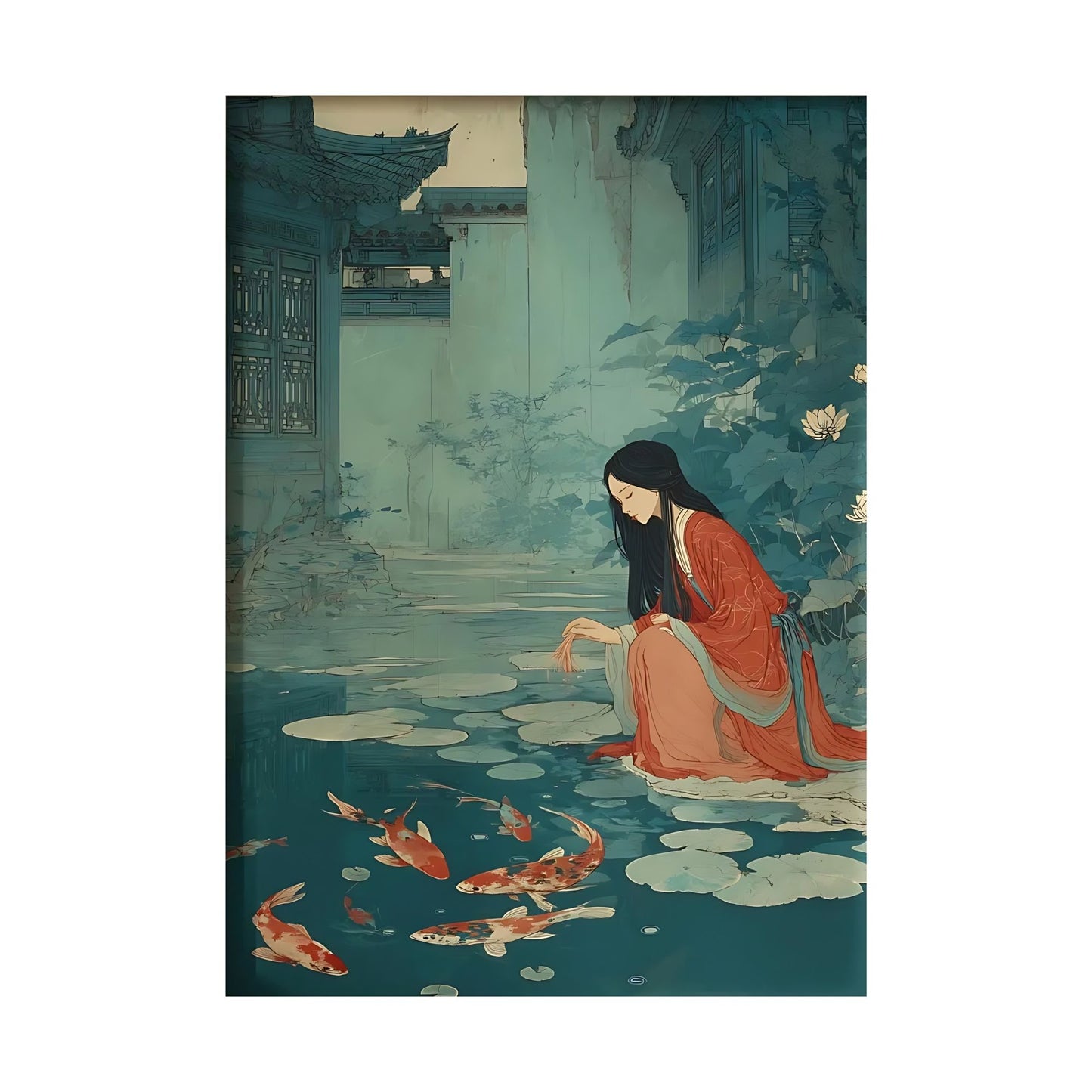 Artistic depiction of a woman in traditional attire by a pond with koi fish, inspired by Japanese art.