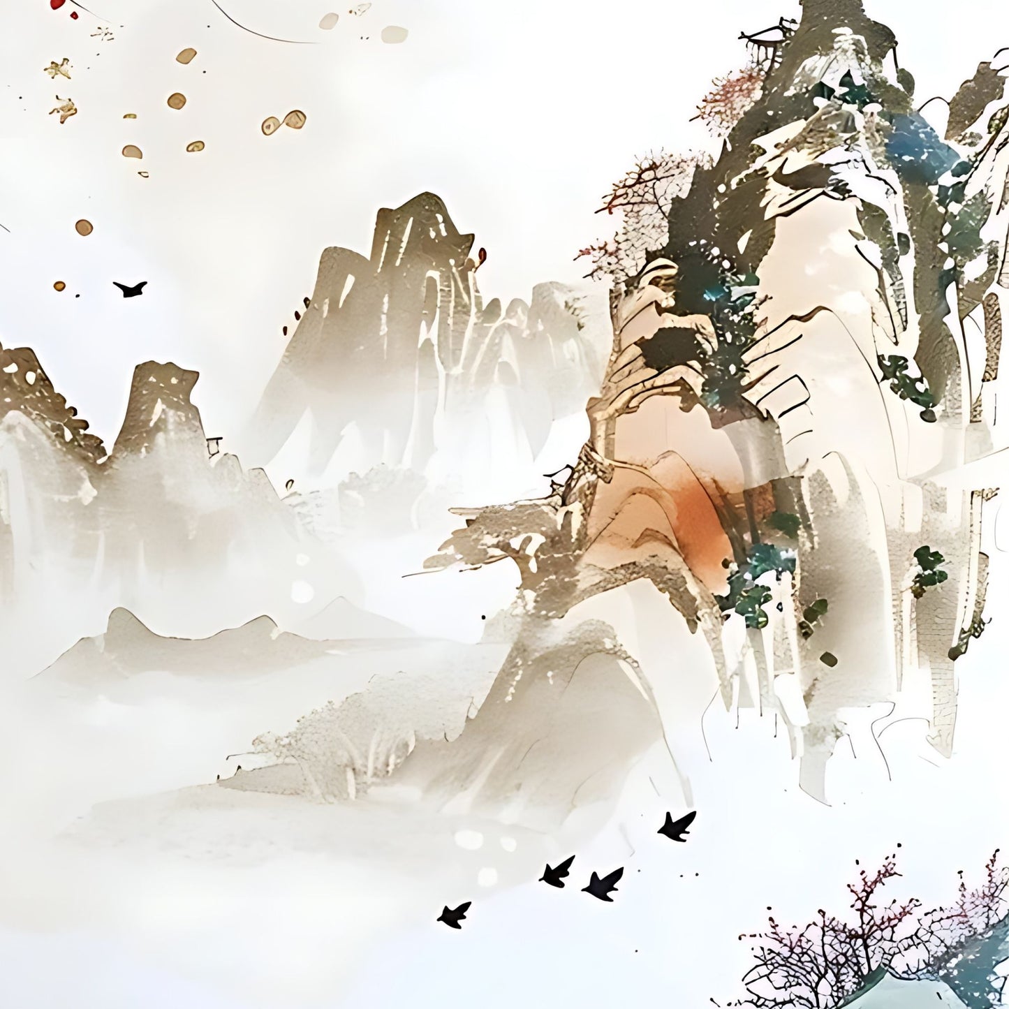 Artistic depiction of mountains and trees with birds flying in the sky.