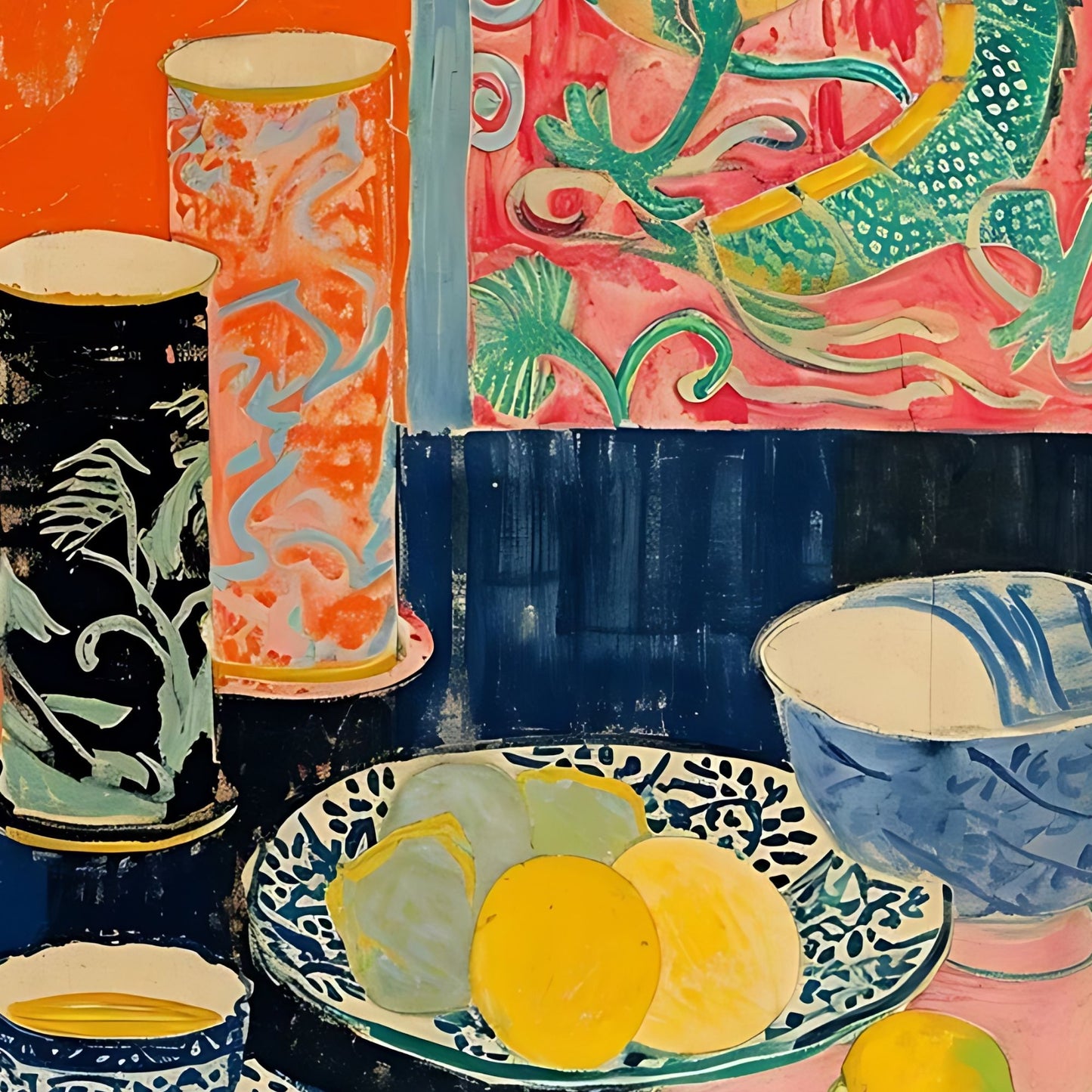 Colorful ceramic items including cups, bowls, and plates with abstract designs on a textured background.