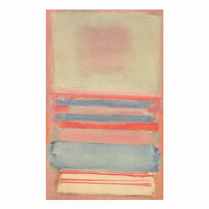 Abstract art piece with horizontal stripes in pink, blue, and beige on a white background