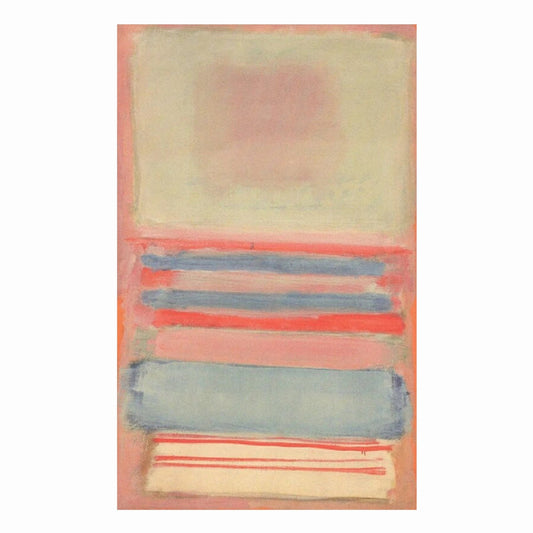 Abstract art piece with horizontal stripes in pink, blue, and beige on a white background