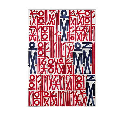 Patterned fabric with red and blue geometric design on a white background