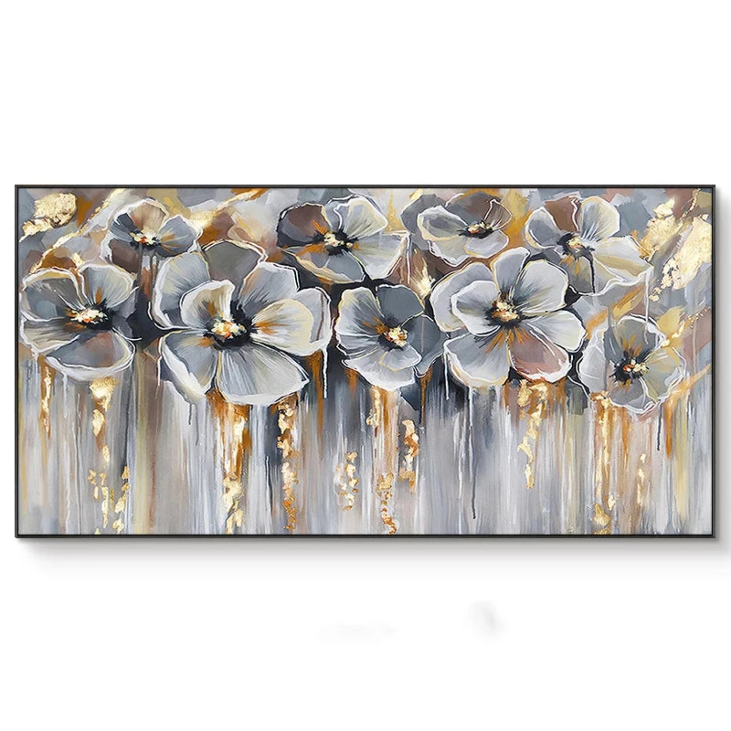 Abstract Grey Gold Flowers Textured Drip Painting