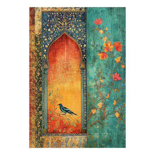 Decorative panel with floral design and archway on a white background