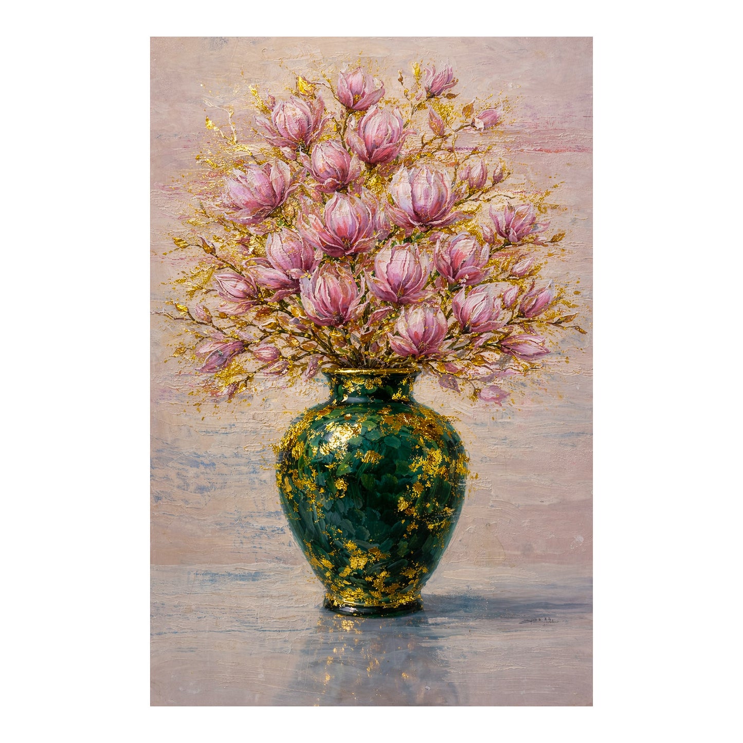 Pink Magnolia Vase Painting with Gold Leaf Art