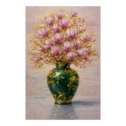 Pink Magnolia Vase Painting with Gold Leaf Art