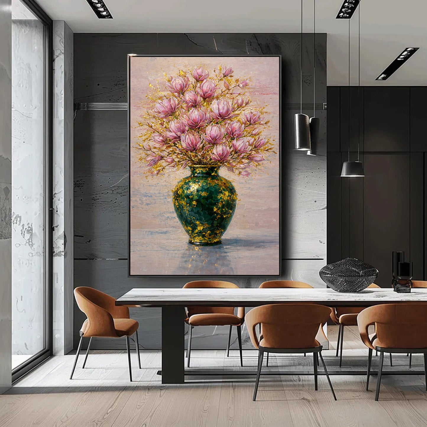 Pink Magnolia Vase Painting with Gold Leaf Art