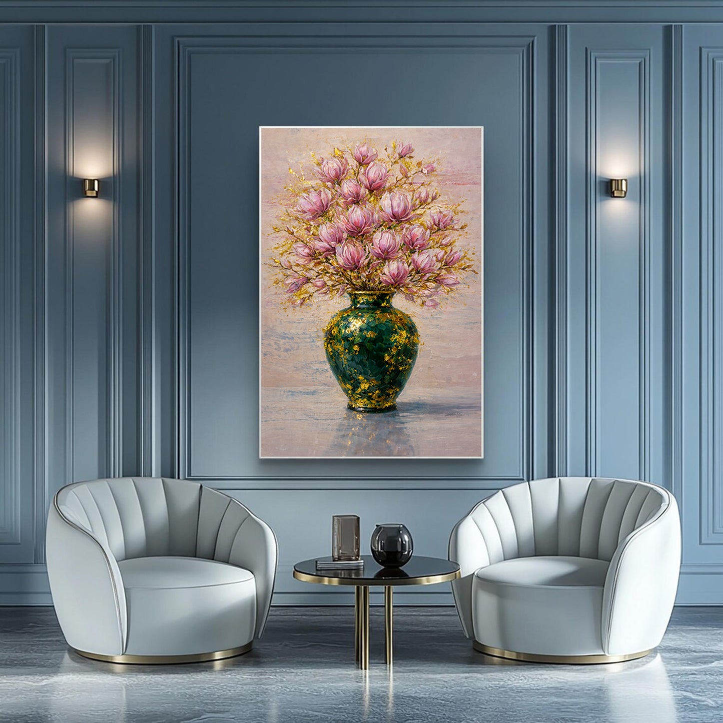 Pink Magnolia Vase Painting with Gold Leaf Art