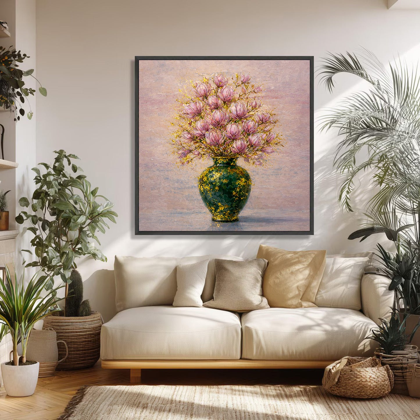 Pink Magnolia Vase Painting with Gold Leaf Art