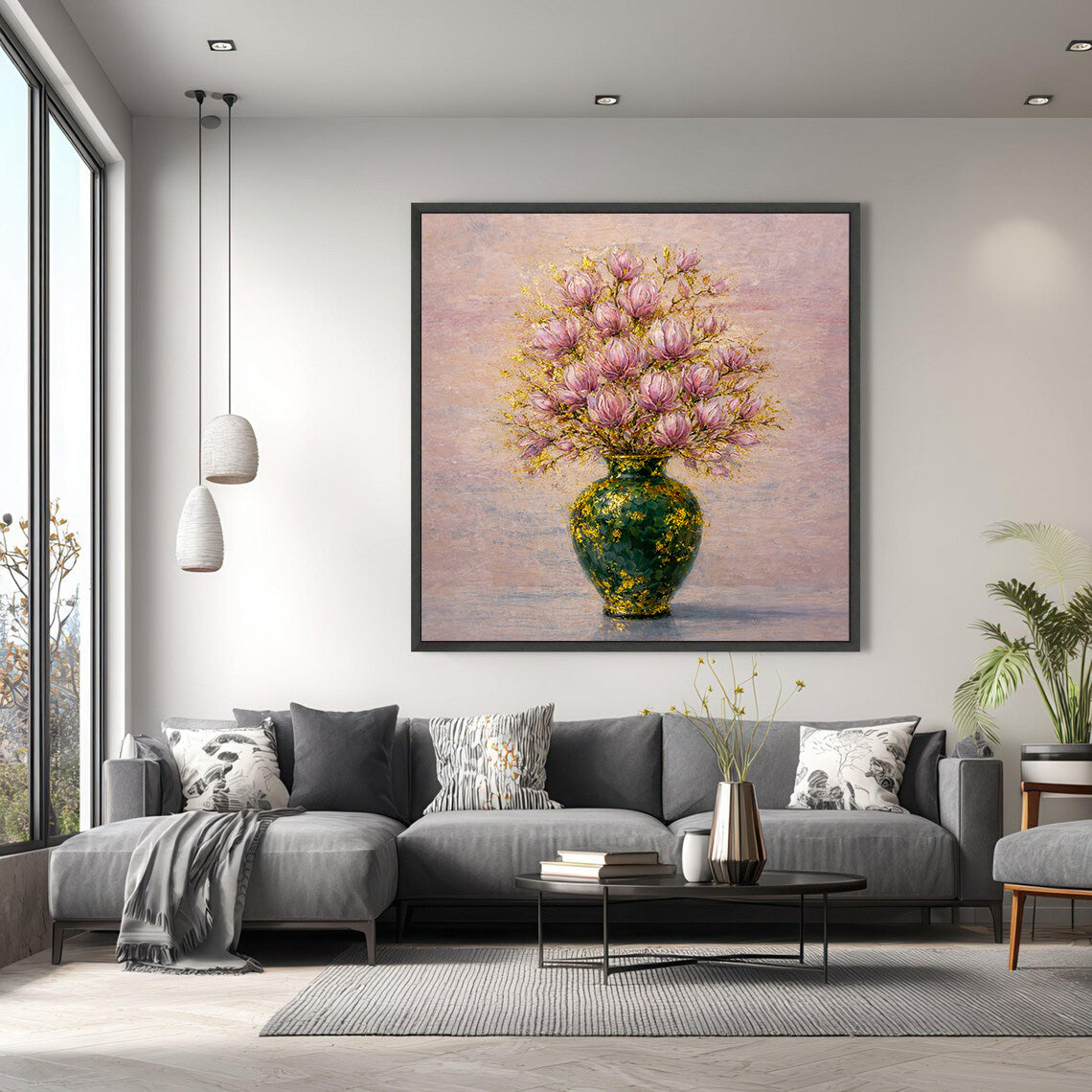 Pink Magnolia Vase Painting with Gold Leaf Art