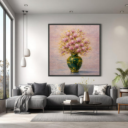 Pink Magnolia Vase Painting with Gold Leaf Art