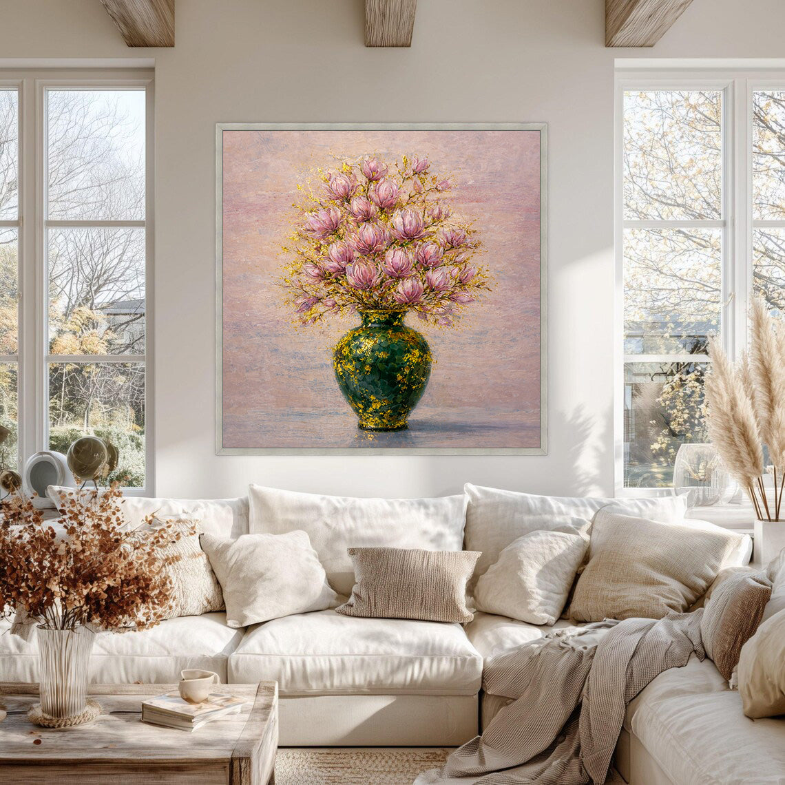 Pink Magnolia Vase Painting with Gold Leaf Art