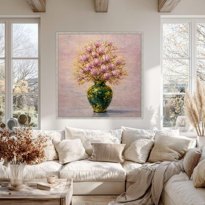 Pink Magnolia Vase Painting with Gold Leaf Art