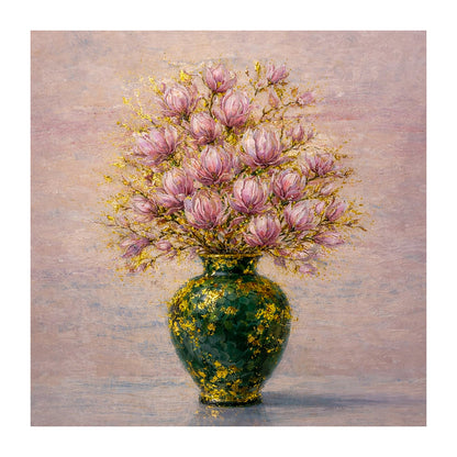 Pink Magnolia Vase Painting with Gold Leaf Art