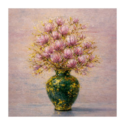Pink Magnolia Vase Painting with Gold Leaf Art