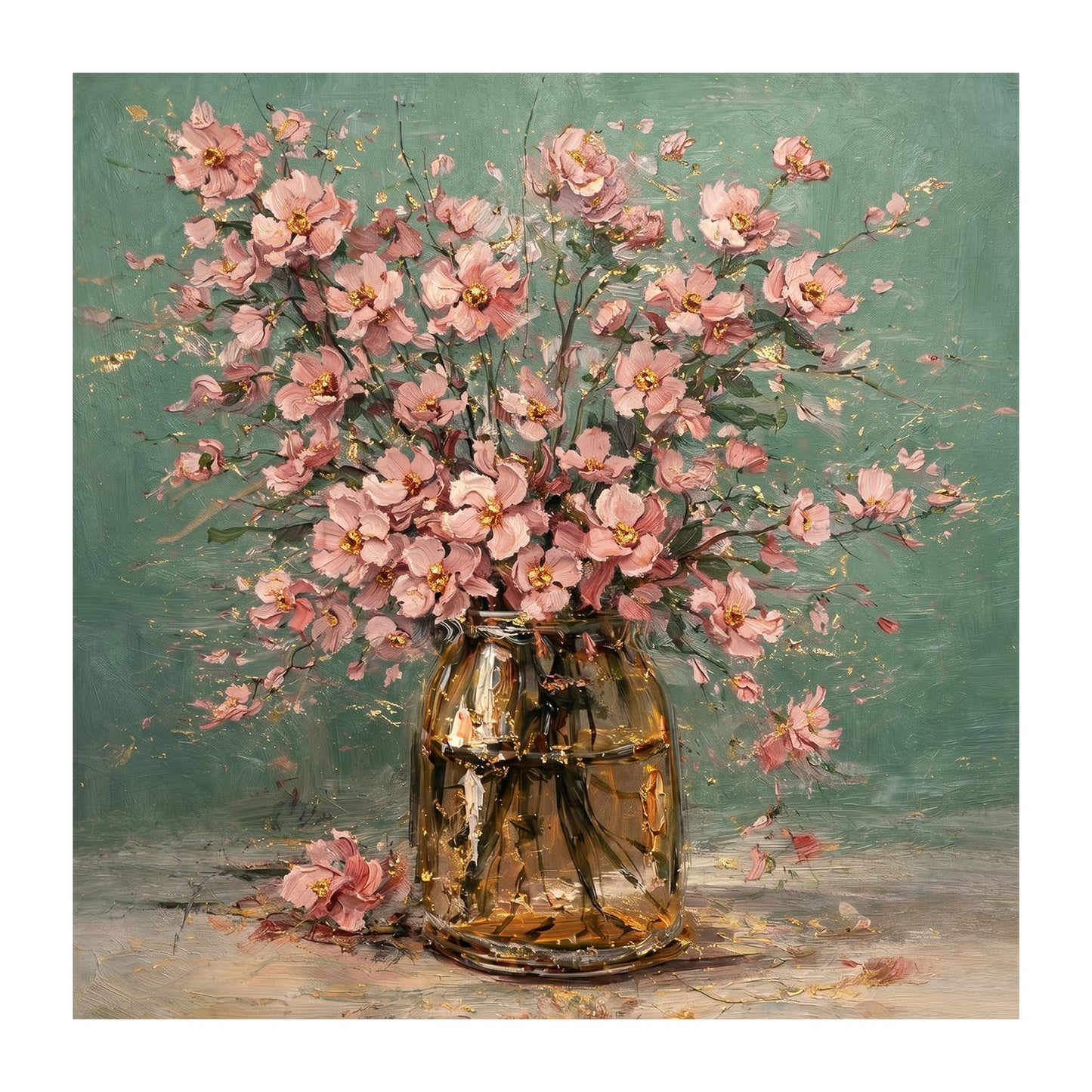 Pink Floral Vase Painting with Gold Accents Art