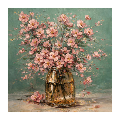 Pink Floral Vase Painting with Gold Accents Art