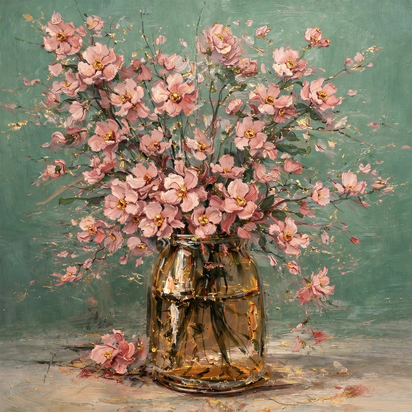 Pink Floral Vase Painting with Gold Accents Art