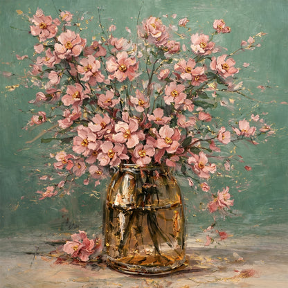 Pink Floral Vase Painting with Gold Accents Art