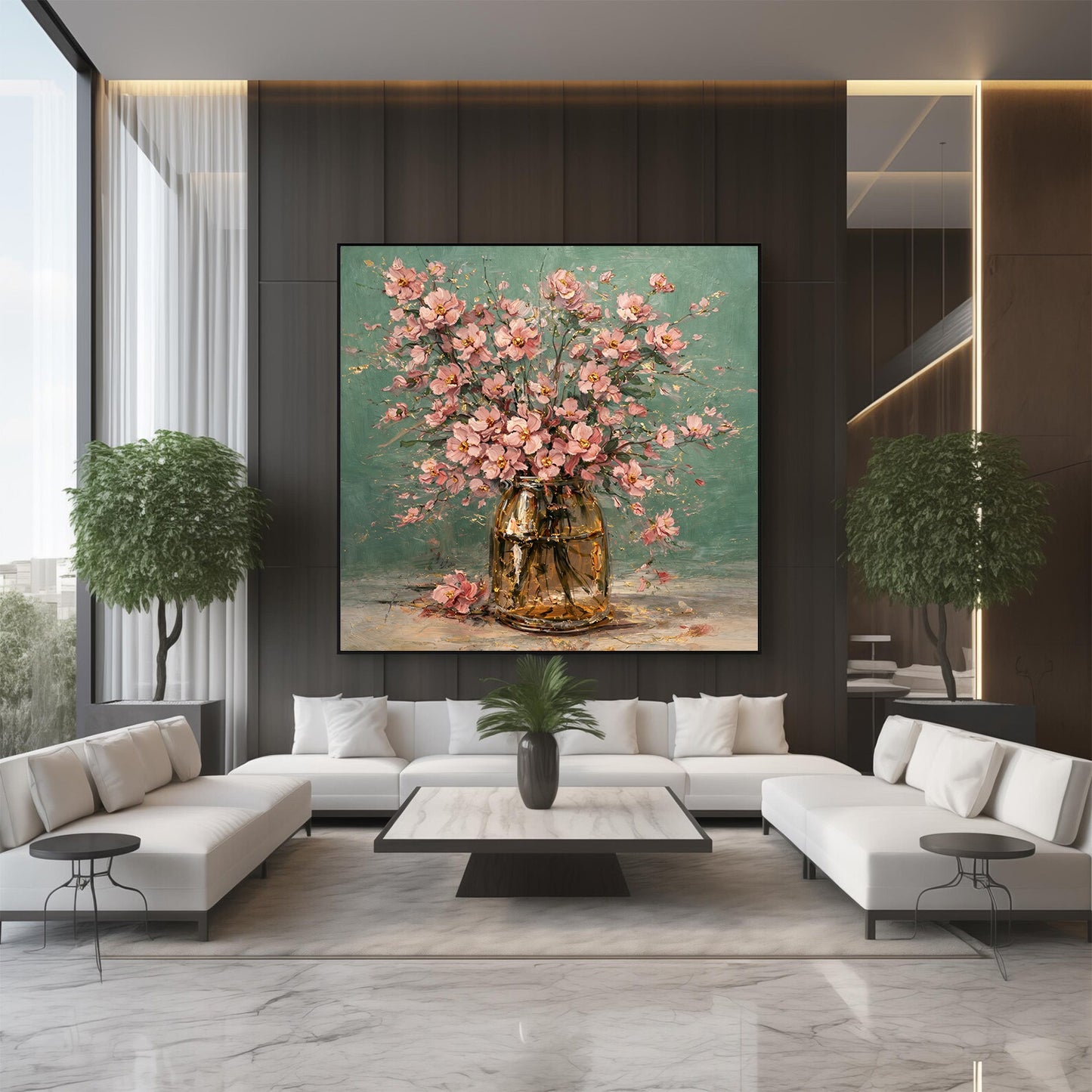 Pink Floral Vase Painting with Gold Accents Art