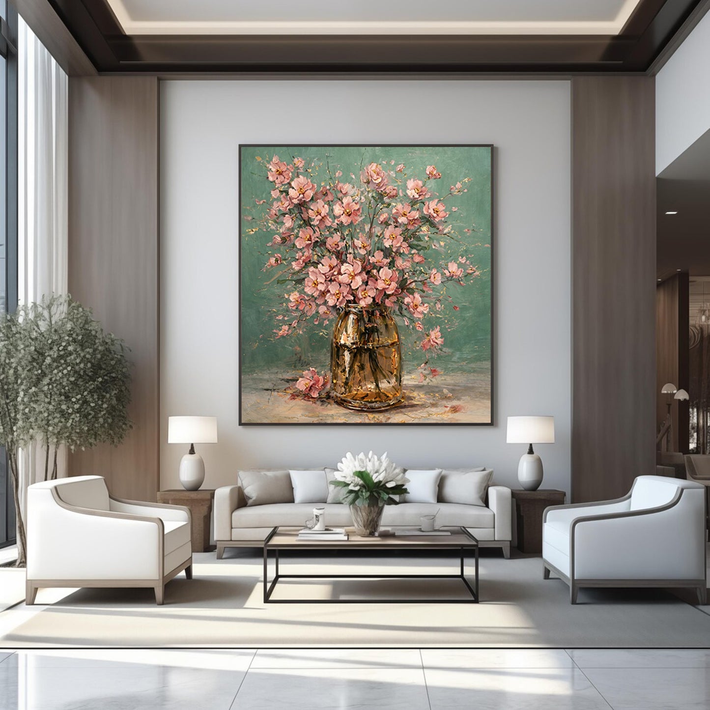 Pink Floral Vase Painting with Gold Accents Art