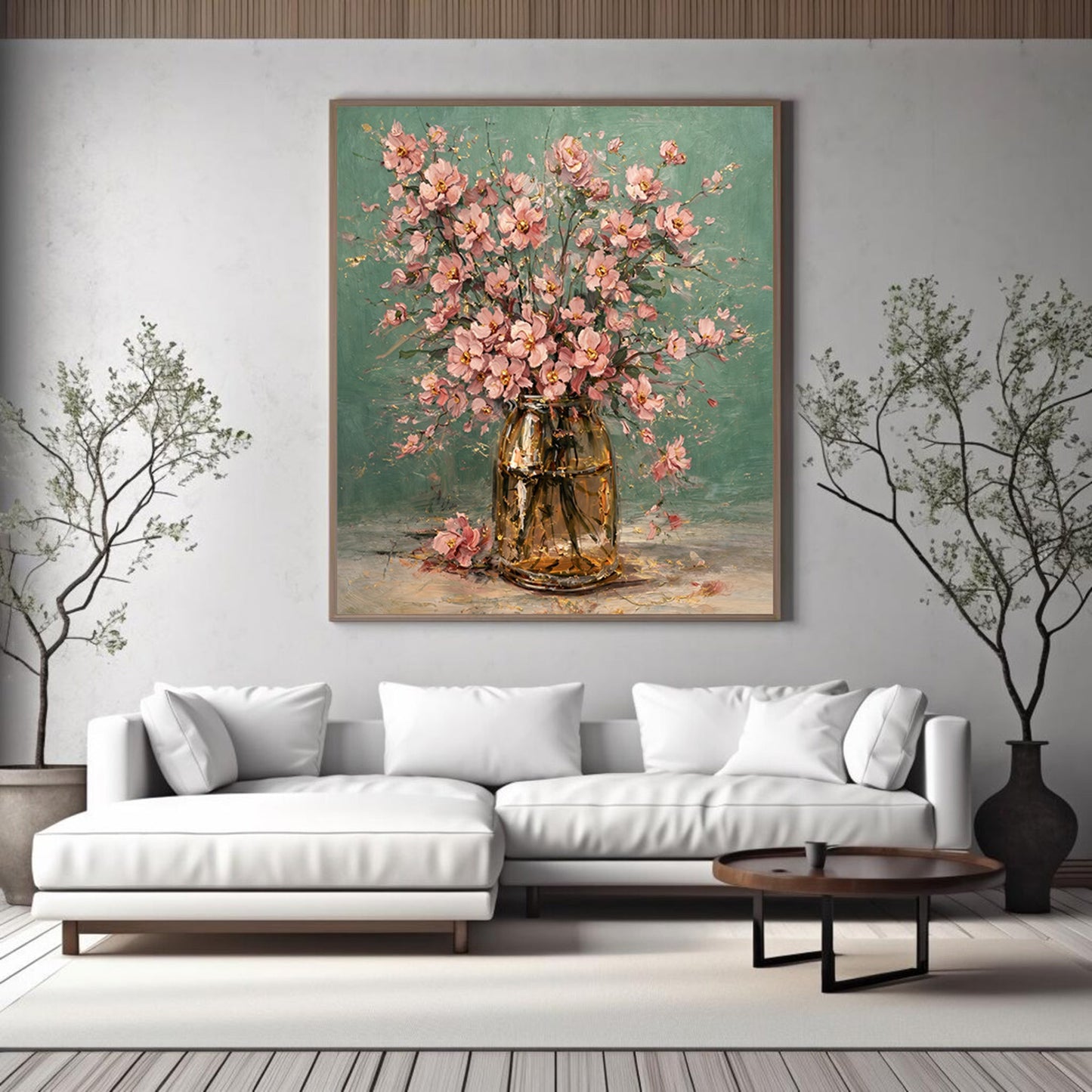 Pink Floral Vase Painting with Gold Accents Art