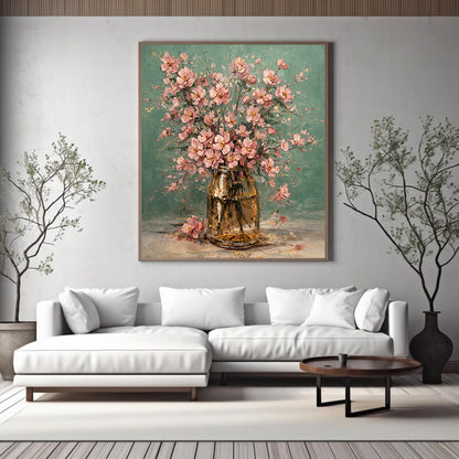 Pink Floral Vase Painting with Gold Accents Art