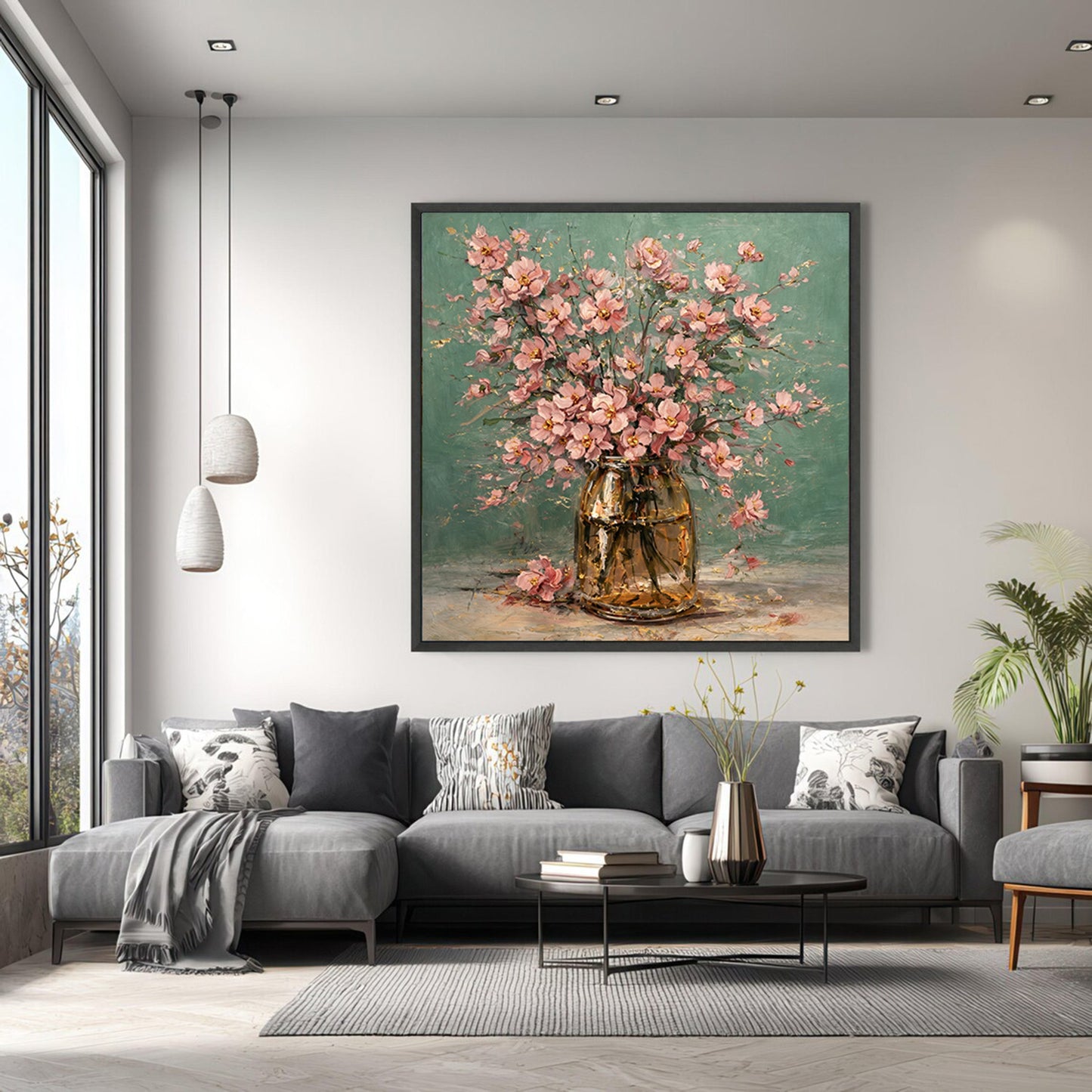 Pink Floral Vase Painting with Gold Accents Art