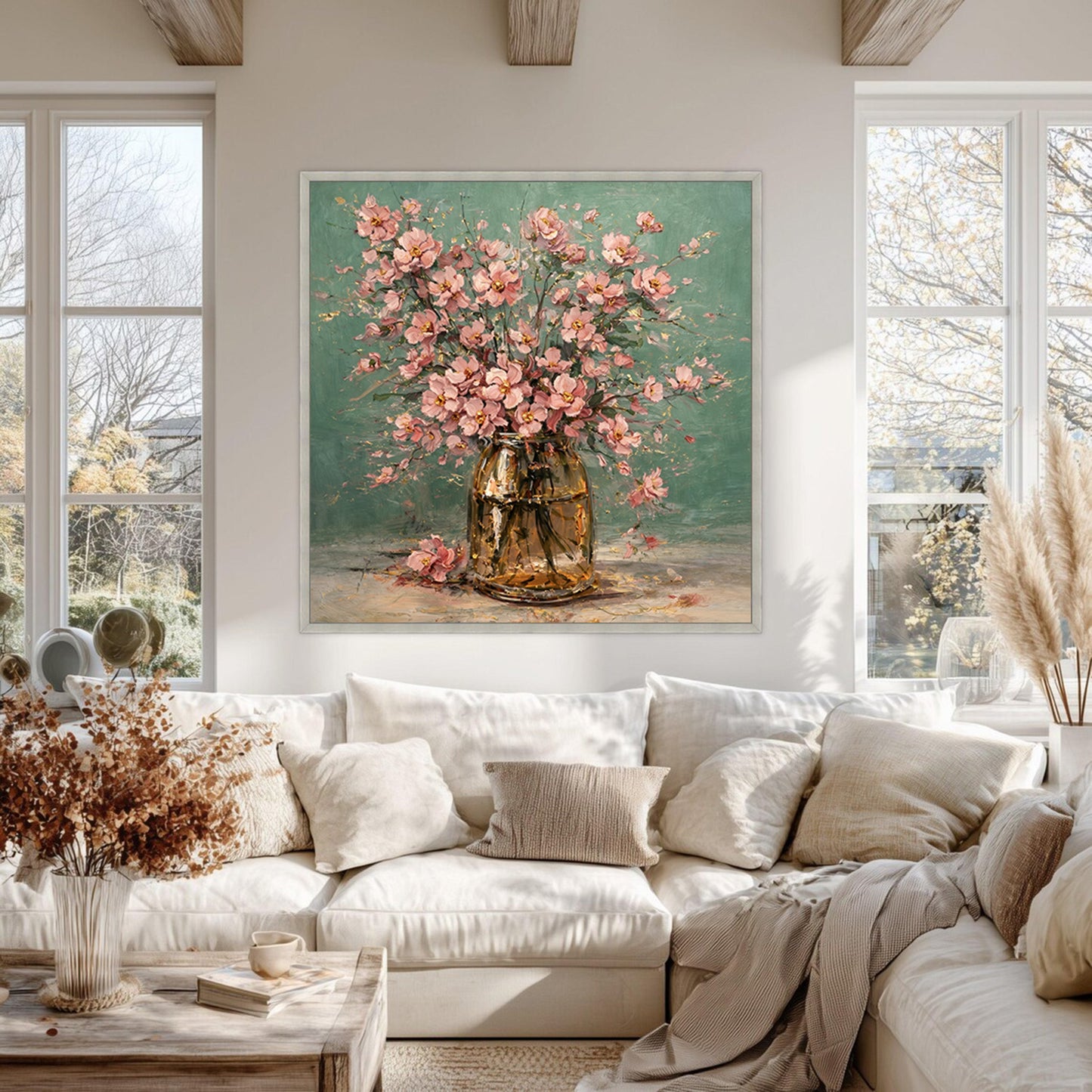 Pink Floral Vase Painting with Gold Accents Art