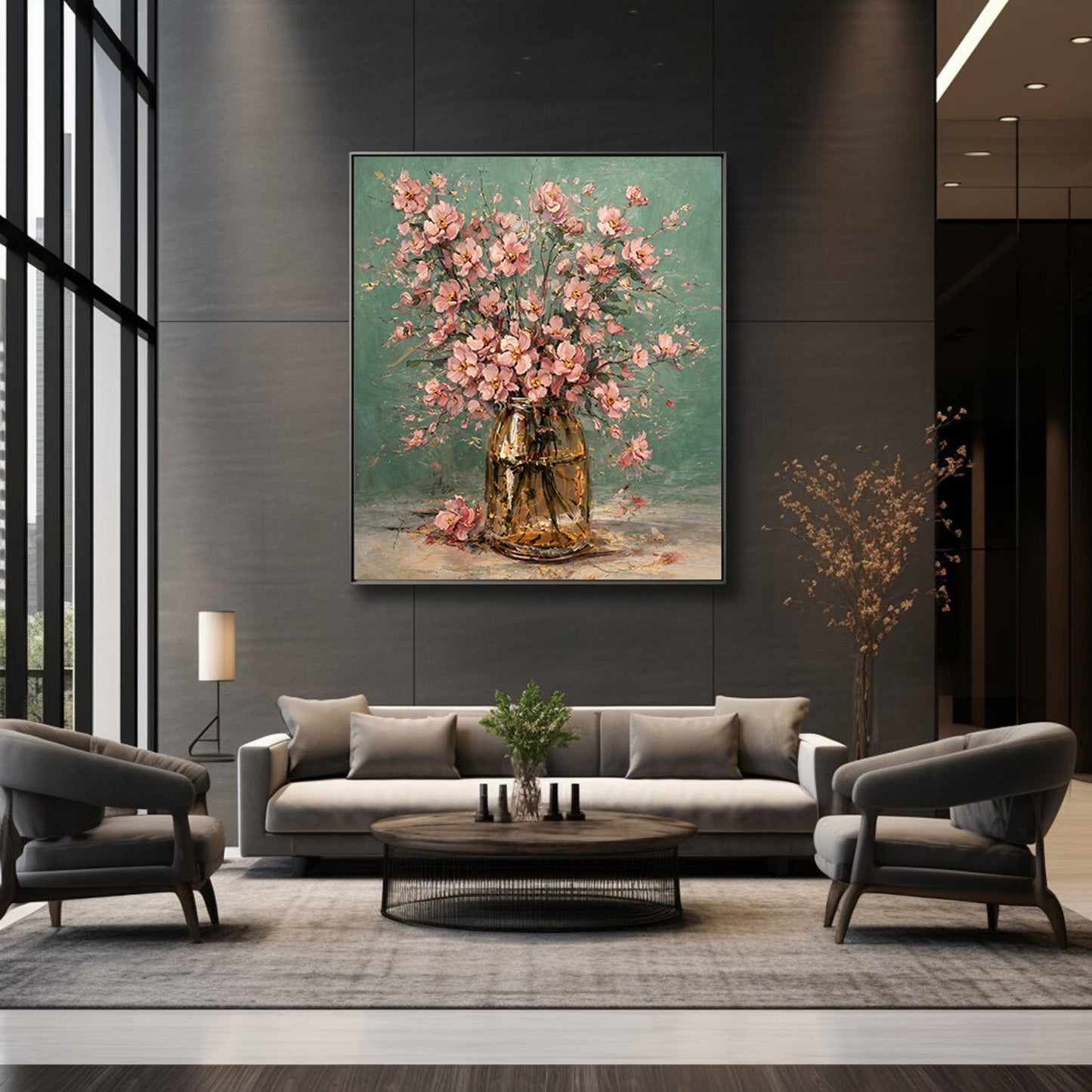 Pink Floral Vase Painting with Gold Accents Art