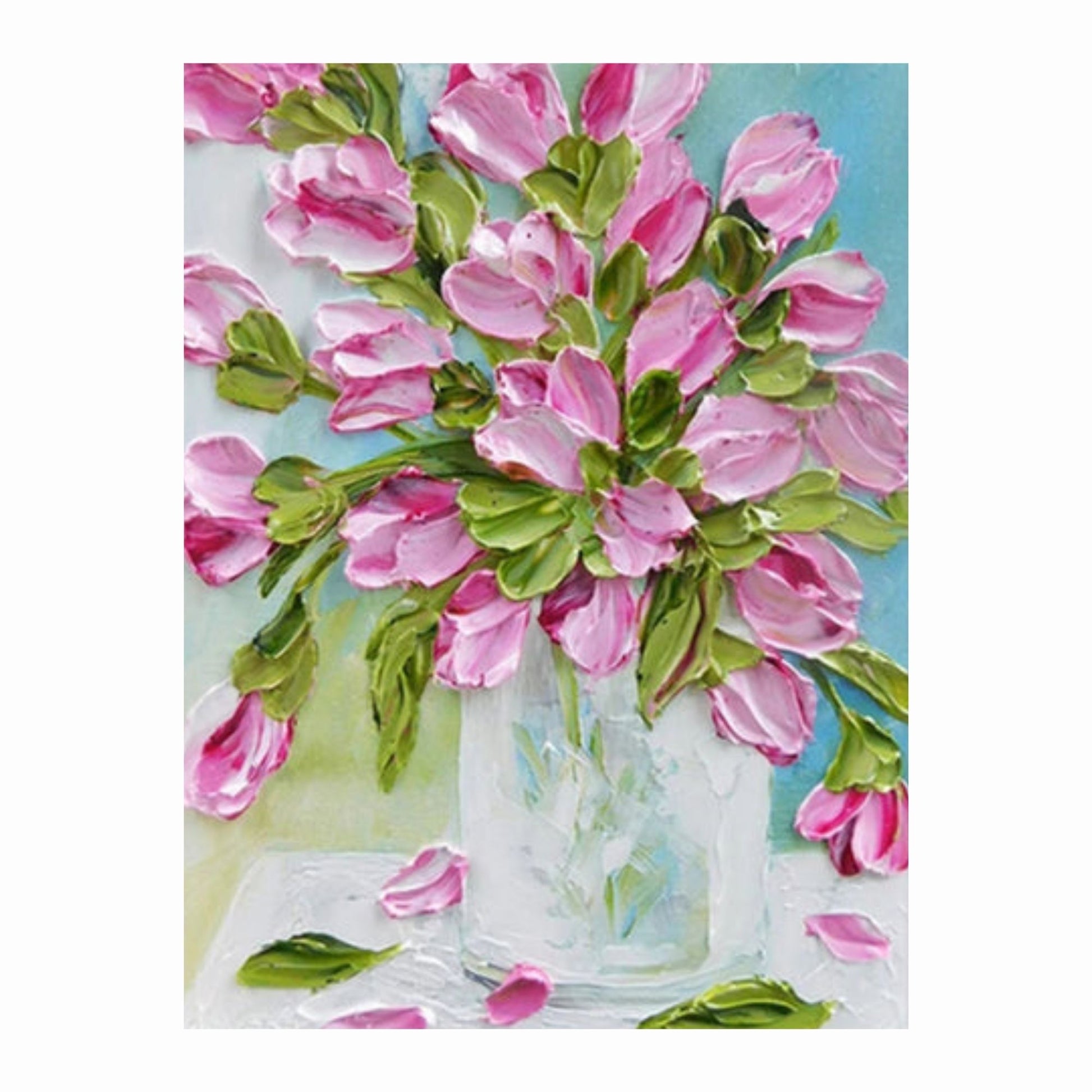 Painting of pink flowers in a clear vase on a light background