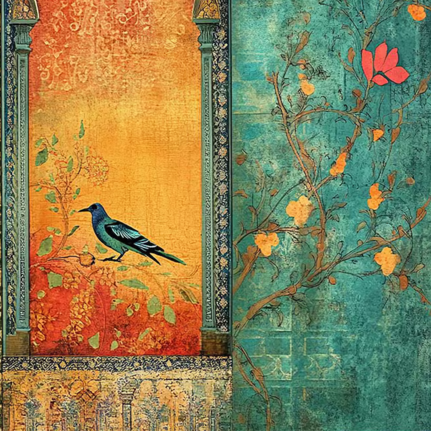 Handmade Persian Arch Canvas Print: Mughal Floral Bird Art