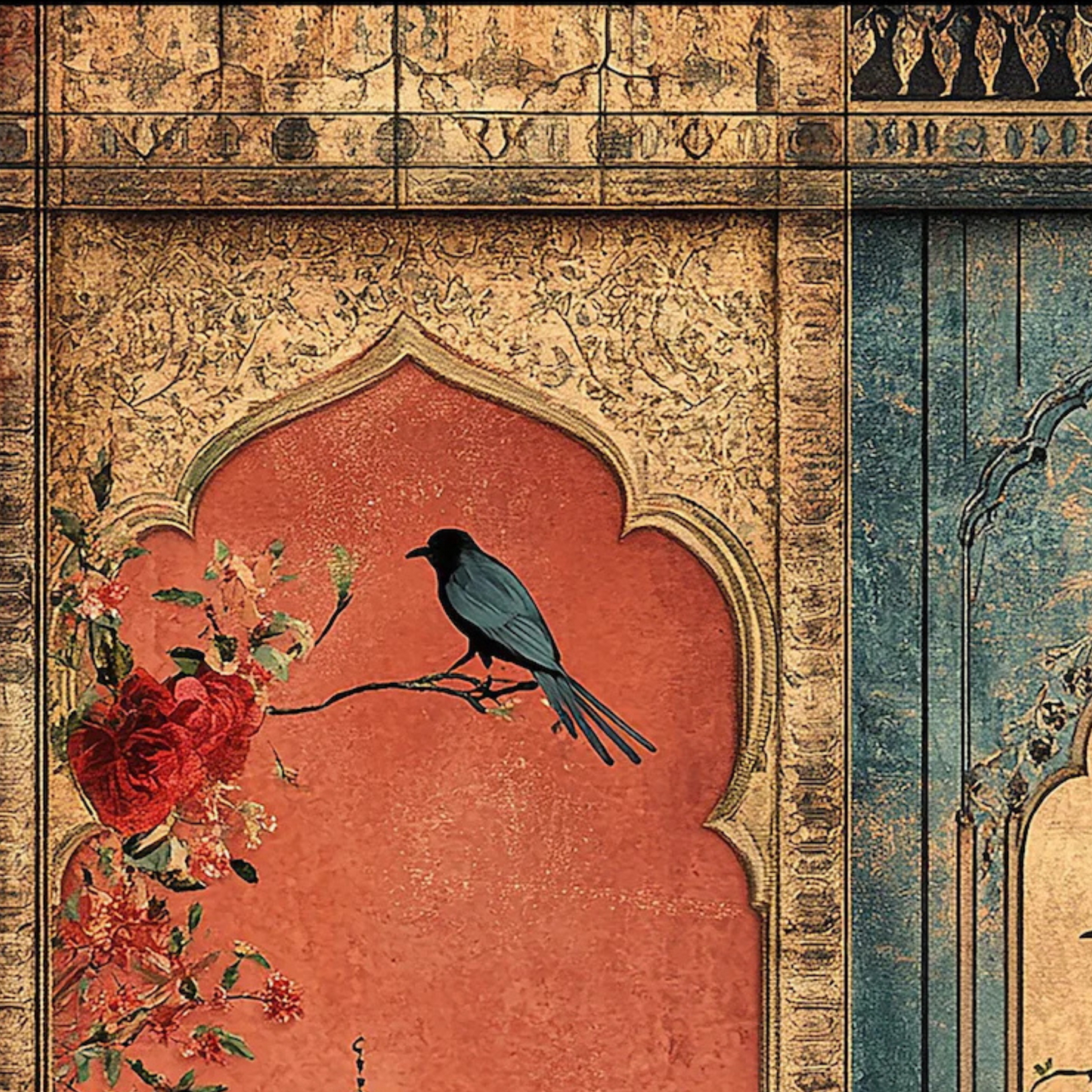 Mughal Bird & Floral Arch Painting – Hand-Painted Vintage Wall Art