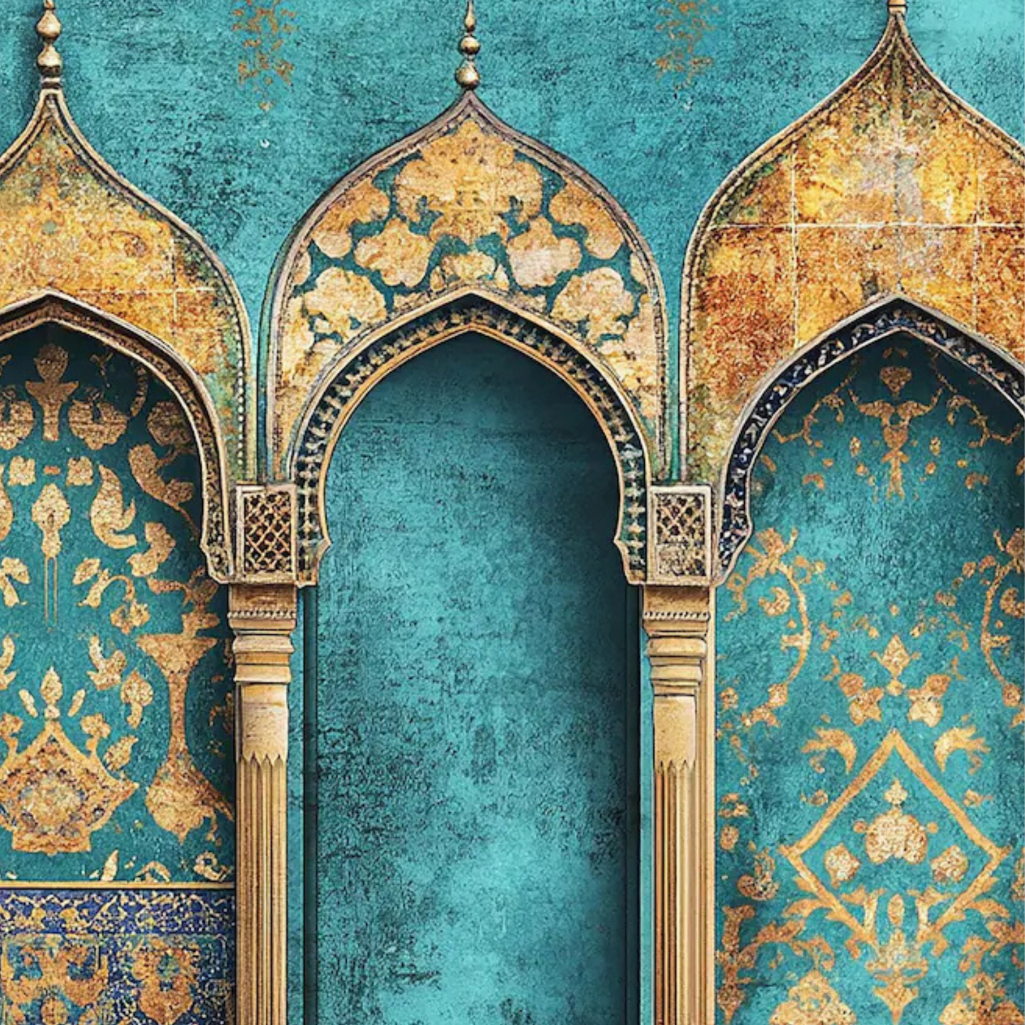 Turquoise & Gold Islamic Arch Painting – Hand-Painted Oriental Canvas