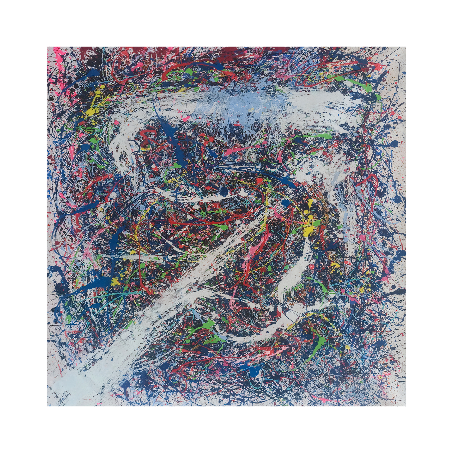 Pollock-Inspired Colorful Blue & White Drip Painting – Hand-Painted Abstract Canvas Wall Art