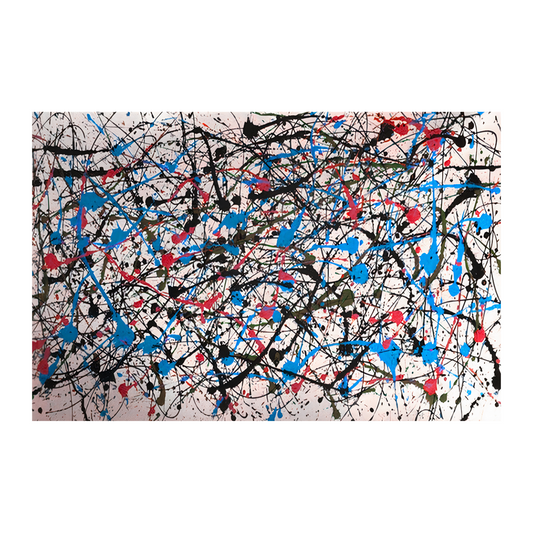 Pollock-Inspired Blue, Black & Red Drip Painting – Hand-Painted Abstract Canvas Wall Art