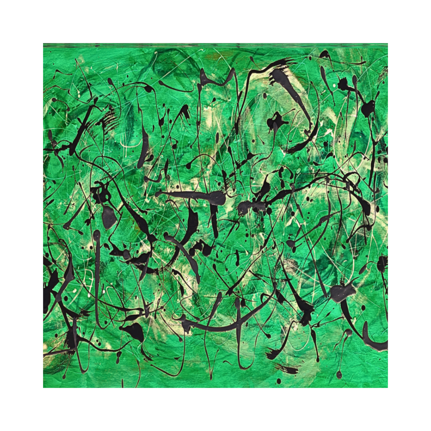 Pollock-Inspired Emerald & Black Drip Painting – Hand-Painted Abstract Canvas Wall Art